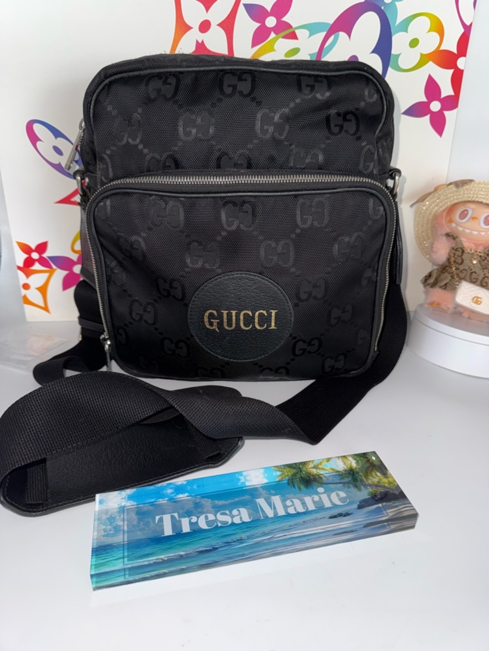 Gucci Black Nylon Crossbody Shoulder Bag with GG Detail